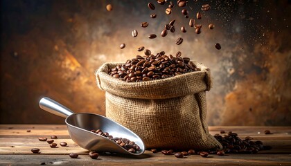 Roasted coffee beans pour from a rustic burlap sack with a scoop