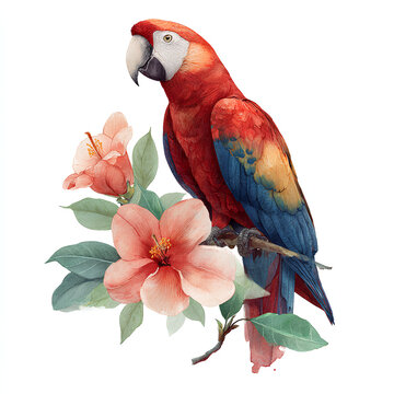 A Beautiful Red Macaw on A Branch With Vibrant Flowers, White Background (Generative Ai)