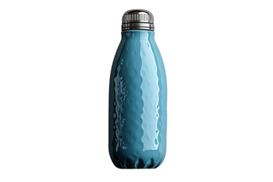Blue textured reusable water bottle with silver cap for hydration needs on transparent background