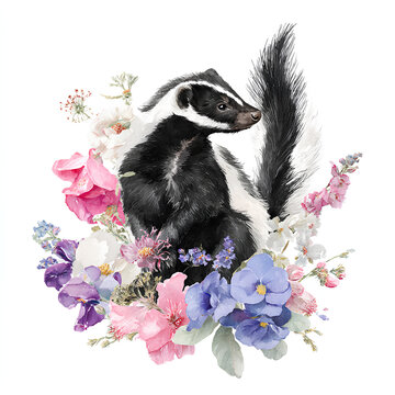 skunk surrounded by colorful flowers clip art preview