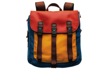 Stylish backpack with red orange yellow and blue panels perfect for travel school or everyday adventures on transparent background