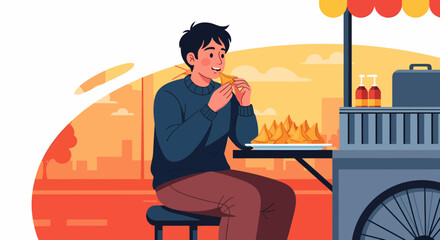 Man Enjoying Street Food Samosas From Vendor Cart Outdoors