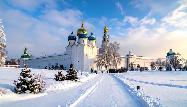 Historic structure with golden domes, snow-covered landscape
