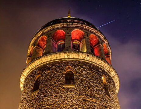 Historic stone tower illuminated at night, under a starry sky