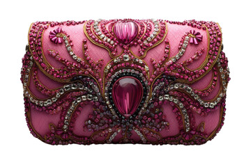 Elegant pink clutch adorned with jewels and intricate embroidery for a glamorous evening accessory on transparent background