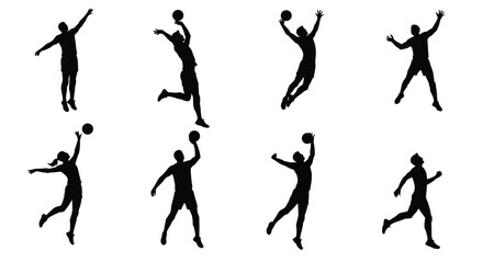 Silhouettes of basketball players jumping and shooting a basketball
