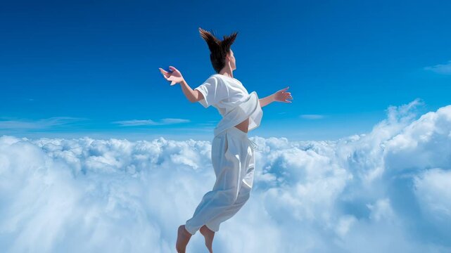 Energetic child suspended mid-air above expansive white cloud landscape, wearing pristine white outfit. Dynamic silhouette against vivid blue sky