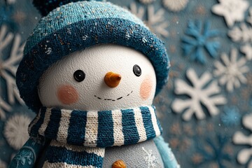 Snowman figurine wearing a blue knitted hat and striped scarf, surrounded by snowflakes, showcasing a cheerful winter atmosphere and festive decoration concept