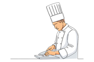 Vector art of chef cutting vegetables on a cutting board professional cook preparing food
