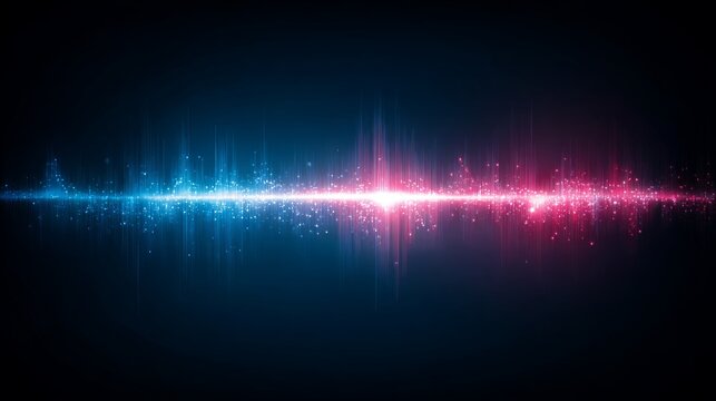 Abstract neon sound wave background with three-dimensional blue and pink glow, evoking a retro cyber energy in a futuristic music equalizer dance