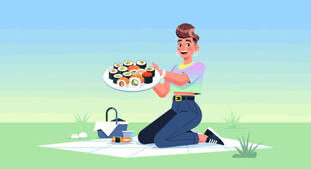 Young Woman Enjoying Sushi Picnic Outdoors On Summer Day