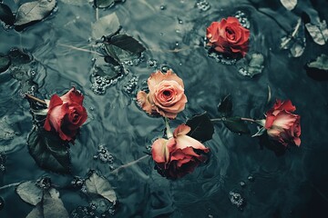 regret as wilted roses falling into dark water