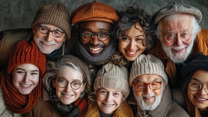A joyful and diverse group of people smiling warmly together in cozy winter attire, creating a sense of community and happiness.