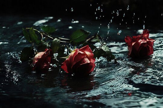 regret as wilted roses falling into dark water - Powered by Adobe