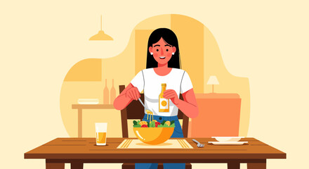 Young Woman Preparing Fresh Salad With Homemade Dressing For Lunch