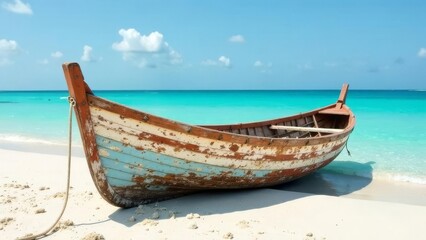 Old wooden boat on white sand on the shore of turquoise sea, ocean in sunny clear weather. Clouds in the sky in the background