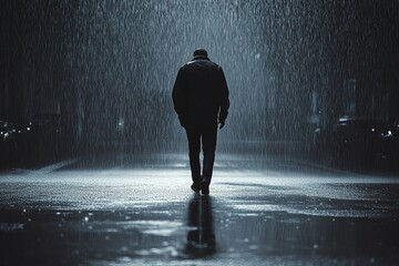 sadness as a lone figure walking through pouring rain