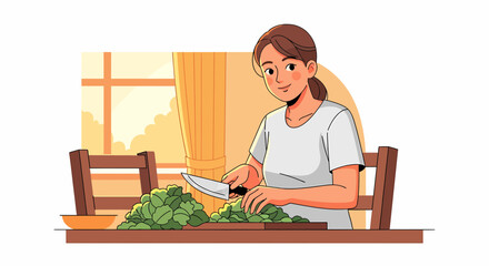 Young Woman Preparing Fresh Vegetables At Home Illustration