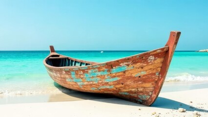 An old wooden boat on the white sand near the shore of the turquoise sea in clear cloudless sunny weather