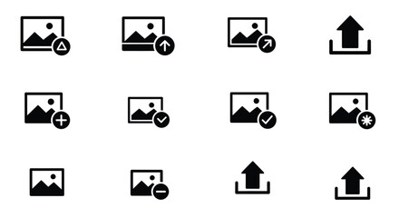 Collection of black image icons depicting uploads and photo gallery options