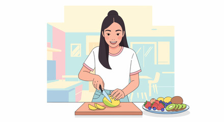 Young Woman Preparing Healthy Fruit Salad In The Kitchen At Home