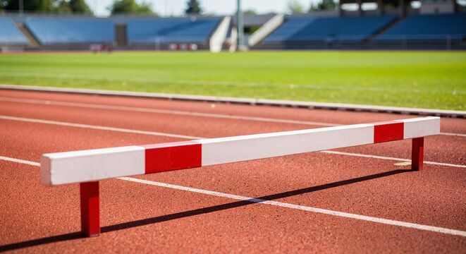 Hurdle on athletic track at sports stadium under clear sky  