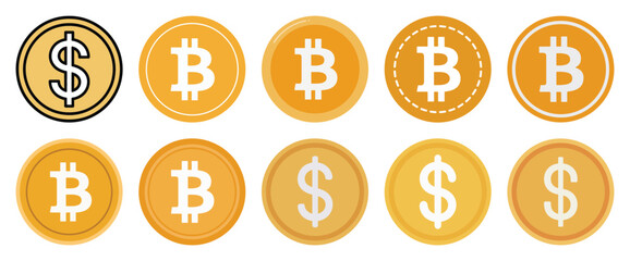 Collection of gold dollar and bitcoin coins for digital currency and financial concepts