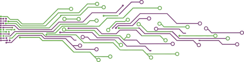 Abstract representation of a circuit board with green and purple editable vector file