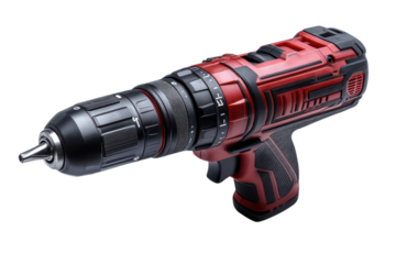 Cordless drill in red and black showcases power tool design for construction and home improvement projects on transparent background