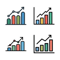 Four chart icons illustrating upward trends and data growth business finance statistics