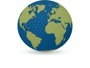 A stylized black and white representation of planet earth showing continents and country borders isolated on white background.