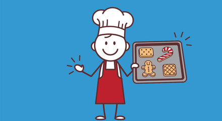 Stick figure chef holding tray of assorted christmas cookies editable vector file