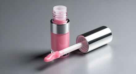 A lip gloss tube with applicator pulled out, photographed on a matte gray surface.