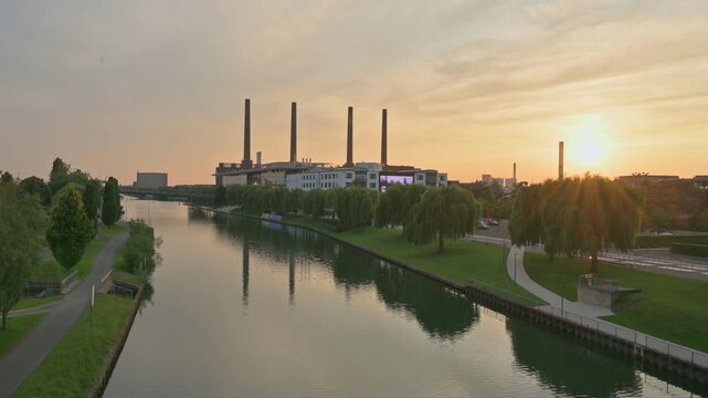 Evening View of Wolsburg, Germany. Canal and Powerplant at sunset