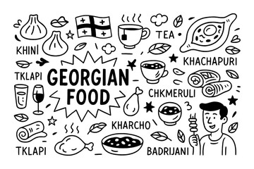 Traditional Georgian cuisine doodle with national dishes and flag, Transparent Background