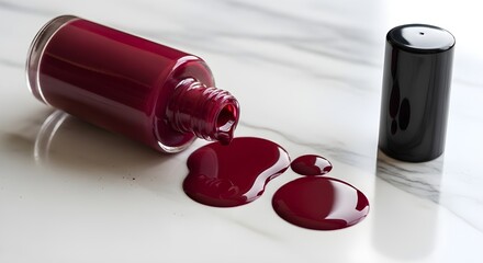 A nail polish bottle lying sideways with spilled drops, photographed on a marble surface.