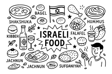 Traditional Israeli cuisine doodle with national dishes and flag, Transparent Background