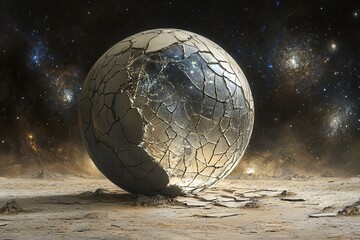 surreal dreams of a moon made of cracked glass reflecting galaxies