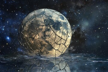 surreal dreams of a moon made of cracked glass reflecting galaxies