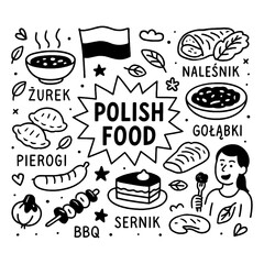 Traditional Polish cuisine doodle with national dishes and flag, Transparent Background