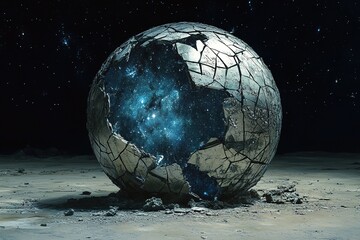 surreal dreams of a moon made of cracked glass reflecting galaxies