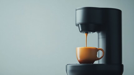 Coffee Machine Pouring into Cup: A modern coffee machine dispenses a rich, steaming brew into an elegant, orange ceramic cup, capturing the essence of a perfect morning ritual or a midday recharge.