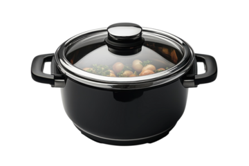 Black stock pot with clear glass lid showcasing cooked vegetables for healthy meal preparation at home on transparent background