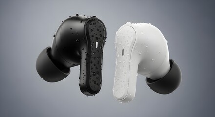 Wireless earbuds floating in midair against a soft neutral background, photographed with macro detail and professional studio lighting.