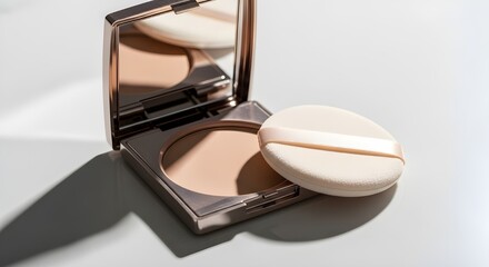 A compact powder foundation opened on a clean surface, realistic textures, soft studio shadows, high-end camera capture.