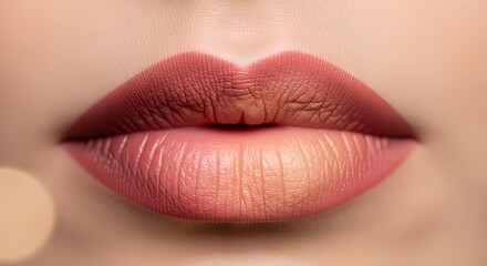 A model’s lips with ombre lipstick effect, macro close-up, natural skin textures, and soft glowing background.