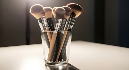 A row of makeup brushes in a glass cup, photographed on a clean white surface with cinematic lighting.