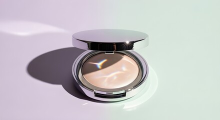 A highlighter compact reflecting light, photographed with cinematic sharpness and soft shadows, against a pastel background.