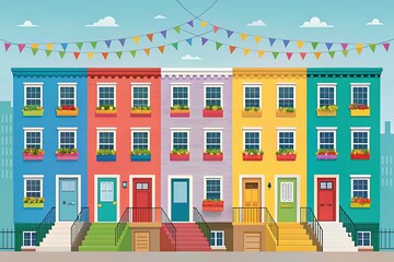 Vibrant row of colorful townhouses with festive decorations and blue sky