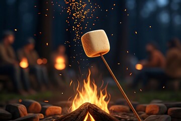 Crispy golden marshmallow roasted over a lively campfire at dusk with glowing embers and festive lights